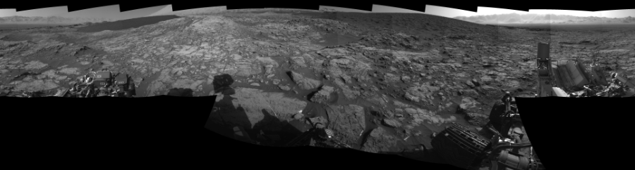 NASA's Mars rover Curiosity took 17 images in Gale Crater using its mast-mounted Left Navigation Camera (Navcam) to create this mosaic. The seam-corrected mosaic provides a 360-degree cylindrical-perspective projection panorama of the Martian surface suitable for stereo viewing, centered at 61 degrees azimuth (measured clockwise from north). This single-eye view must be combined with the partner right image to be viewed in stereo.  Curiosity took the images on December 07, 2015, Sol 1185 of the Mars Science Laboratory mission at drive 1800, site number 51. The local mean solar time for the image exposures was 3 PM. Each Navcam image has a 45-degree field of view. CREDIT: NASA/JPL-Caltech