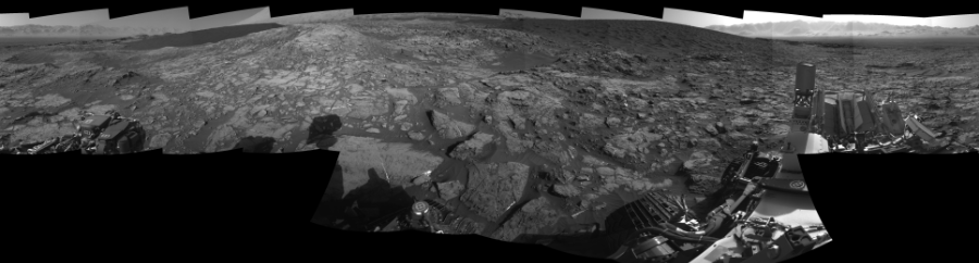 NASA's Mars rover Curiosity took 17 images in Gale Crater using its mast-mounted Right Navigation Camera (Navcam) to create this mosaic. The seam-corrected mosaic provides a 0-degree cylindrical-perspective projection panorama of the Martian surface suitable for stereo viewing, centered at 238 degrees azimuth (measured clockwise from north). This single-eye view must be combined with the partner left image to be viewed in stereo. Curiosity took the images on December 07, 2015, Sol 1185 of the Mars Science Laboratory mission at drive 1800, site number 51. The local mean solar time for the image exposures was 3 PM. Each Navcam image has a 45-degree field of view. CREDIT: NASA/JPL-Caltech