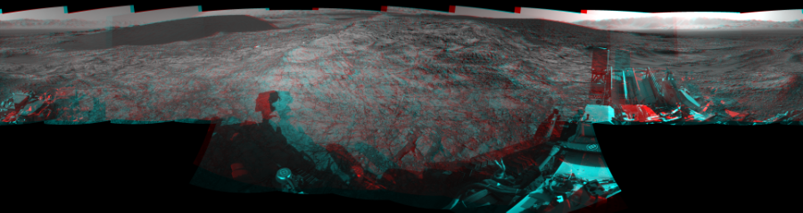 NASA's Mars rover Curiosity took 17 image pairs in Gale Crater using its mast-mounted Navigation Camera (Navcam) to create this mosaic. The seam-corrected mosaic provides a 360-degree cylindrical perspective projection panorama of the Martian surface suitable for stereo viewing, centered at 89 degrees azimuth (measured clockwise from north). This anaglyph must be viewed with red/blue glasses (red over left eye).  Curiosity took the images on December 09, 2015, Sol 1187 of the Mars Science Laboratory mission at drive 2004, site number 51. The local mean solar time for the image exposures was from 3 PM to 4 PM. Each Navcam image has a 45-degree field of view. CREDIT: NASA/JPL-Caltech