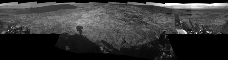 NASA's Mars rover Curiosity took 17 images in Gale Crater using its mast-mounted Left Navigation Camera (Navcam) to create this mosaic. The seam-corrected mosaic provides a 360-degree cylindrical-perspective projection panorama of the Martian surface suitable for stereo viewing, centered at 89 degrees azimuth (measured clockwise from north). This single-eye view must be combined with the partner right image to be viewed in stereo.  Curiosity took the images on December 09, 2015, Sol 1187 of the Mars Science Laboratory mission at drive 2004, site number 51. The local mean solar time for the image exposures was from 3 PM to 4 PM. Each Navcam image has a 45-degree field of view. CREDIT: NASA/JPL-Caltech