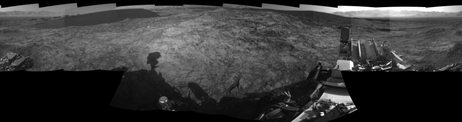 NASA's Mars rover Curiosity took 17 images in Gale Crater using its mast-mounted Right Navigation Camera (Navcam) to create this mosaic. The seam-corrected mosaic provides a 360-degree cylindrical-perspective projection panorama of the Martian surface suitable for stereo viewing, centered at 87 degrees azimuth (measured clockwise from north). This single-eye view must be combined with the partner left image to be viewed in stereo. Curiosity took the images on December 09, 2015, Sol 1187 of the Mars Science Laboratory mission at drive 2004, site number 51. The local mean solar time for the image exposures was from 3 PM to 4 PM. Each Navcam image has a 45-degree field of view. CREDIT: NASA/JPL-Caltech