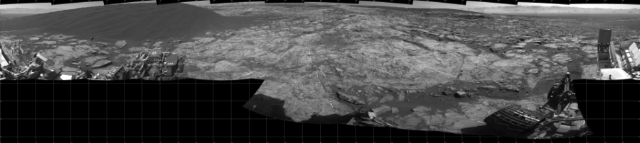 NASA's Mars rover Curiosity took 17 images in Gale Crater using its mast-mounted Left Navigation Camera (Navcam) to create this mosaic. The seam-corrected mosaic provides a 360-degree cylindrical projection panorama of the Martian surface centered at 180 degrees azimuth (measured clockwise from north). Curiosity took the images on December 14, 2015, Sol 1192 of the Mars Science Laboratory mission at drive 2322, site number 51. The local mean solar time for the image exposures was 1 PM. Each Navcam image has a 45 degree field of view. CREDIT: NASA/JPL-Caltech