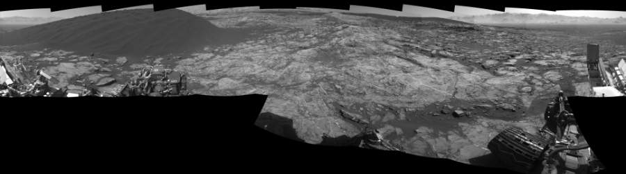 NASA's Mars rover Curiosity took 17 images in Gale Crater using its mast-mounted Left Navigation Camera (Navcam) to create this mosaic. The seam-corrected mosaic provides a 360-degree cylindrical-perspective projection panorama of the Martian surface suitable for stereo viewing, centered at 28 degrees azimuth (measured clockwise from north). This single-eye view must be combined with the partner right image to be viewed in stereo.  Curiosity took the images on December 14, 2015, Sol 1192 of the Mars Science Laboratory mission at drive 2322, site number 51. The local mean solar time for the image exposures was 1 PM. Each Navcam image has a 45-degree field of view. CREDIT: NASA/JPL-Caltech