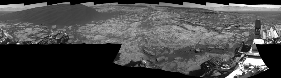 NASA's Mars rover Curiosity took 18 images in Gale Crater using its mast-mounted Right Navigation Camera (Navcam) to create this mosaic. The seam-corrected mosaic provides a 0-degree cylindrical-perspective projection panorama of the Martian surface suitable for stereo viewing, centered at 205 degrees azimuth (measured clockwise from north). This single-eye view must be combined with the partner left image to be viewed in stereo. Curiosity took the images on December 14, 2015, Sol 1192 of the Mars Science Laboratory mission at drive 2322, site number 51. The local mean solar time for the image exposures was 1 PM. Each Navcam image has a 45-degree field of view. CREDIT: NASA/JPL-Caltech