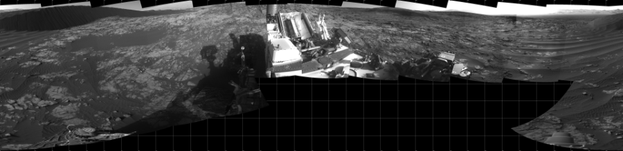 NASA's Mars rover Curiosity took 17 images in Gale Crater using its mast-mounted Left Navigation Camera (Navcam) to create this mosaic. The seam-corrected mosaic provides a 360-degree cylindrical projection panorama of the Martian surface centered at 180 degrees azimuth (measured clockwise from north). Curiosity took the images on December 16, 2015, Sol 1194 of the Mars Science Laboratory mission at drive 2704, site number 51. The local mean solar time for the image exposures was 4 PM. Each Navcam image has a 45 degree field of view. CREDIT: NASA/JPL-Caltech