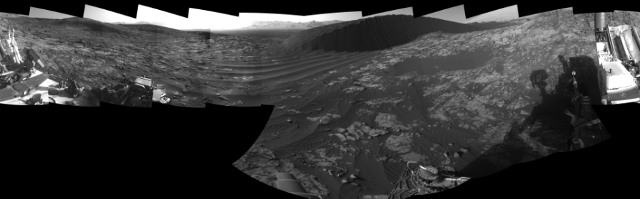 NASA's Mars rover Curiosity took 17 images in Gale Crater using its mast-mounted Left Navigation Camera (Navcam) to create this mosaic. The seam-corrected mosaic provides a 360-degree cylindrical-perspective projection panorama of the Martian surface suitable for stereo viewing, centered at 31 degrees azimuth (measured clockwise from north). This single-eye view must be combined with the partner right image to be viewed in stereo.  Curiosity took the images on December 16, 2015, Sol 1194 of the Mars Science Laboratory mission at drive 2704, site number 51. The local mean solar time for the image exposures was 4 PM. Each Navcam image has a 45-degree field of view. CREDIT: NASA/JPL-Caltech