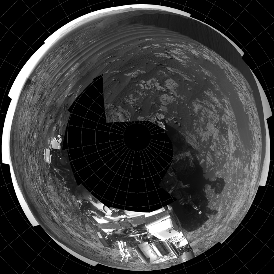 NASA's Mars rover Curiosity took 17 images in Gale Crater using its mast-mounted Left Navigation Camera (Navcam) to create this mosaic. The seam-corrected mosaic provides a polar stereographic projection panorama of the Martian surface with 0 degrees azimuth (measured clockwise from north) at the top of the image. Curiosity took the images on December 16, 2015, Sol 1194 of the Mars Science Laboratory mission at drive 2704, site number 51. The local mean solar time for the image exposures was 4 PM. Each Navcam image has a 45-degree field of view. CREDIT: NASA/JPL-Caltech