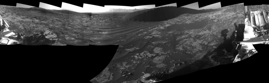 NASA's Mars rover Curiosity took 17 images in Gale Crater using its mast-mounted Right Navigation Camera (Navcam) to create this mosaic. The seam-corrected mosaic provides a 360-degree cylindrical-perspective projection panorama of the Martian surface suitable for stereo viewing, centered at 26 degrees azimuth (measured clockwise from north). This single-eye view must be combined with the partner left image to be viewed in stereo.  Curiosity took the images on December 16, 2015, Sol 1194 of the Mars Science Laboratory mission at drive 2704, site number 51. The local mean solar time for the image exposures was 4 PM. Each Navcam image has a 45-degree field of view. CREDIT: NASA/JPL-Caltech