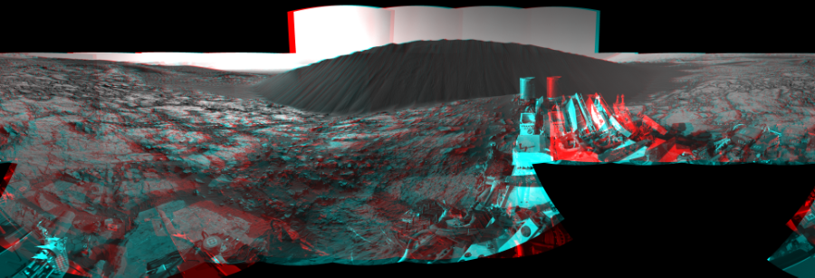 NASA's Mars rover Curiosity took 23 image pairs in Gale Crater using its mast-mounted Navigation Camera (Navcam) to create this mosaic. The seam-corrected mosaic provides a 360-degree cylindrical perspective projection panorama of the Martian surface suitable for stereo viewing, centered at 125 degrees azimuth (measured clockwise from north). This anaglyph must be viewed with red/blue glasses (red over left eye).  Curiosity took the images on December 18, 2015, Sol 1196 of the Mars Science Laboratory mission at drive 0, site number 52. The local mean solar time for the image exposures was 4 PM. Each Navcam image has a 45-degree field of view. CREDIT: NASA/JPL-Caltech