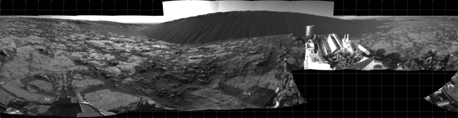 NASA's Mars rover Curiosity took 23 images in Gale Crater using its mast-mounted Left Navigation Camera (Navcam) to create this mosaic. The seam-corrected mosaic provides a 360-degree cylindrical projection panorama of the Martian surface centered at 0 degrees azimuth (measured clockwise from north). Curiosity took the images on December 18, 2015, Sol 1196 of the Mars Science Laboratory mission at drive 0, site number 52. The local mean solar time for the image exposures was 4 PM. Each Navcam image has a 45 degree field of view. CREDIT: NASA/JPL-Caltech