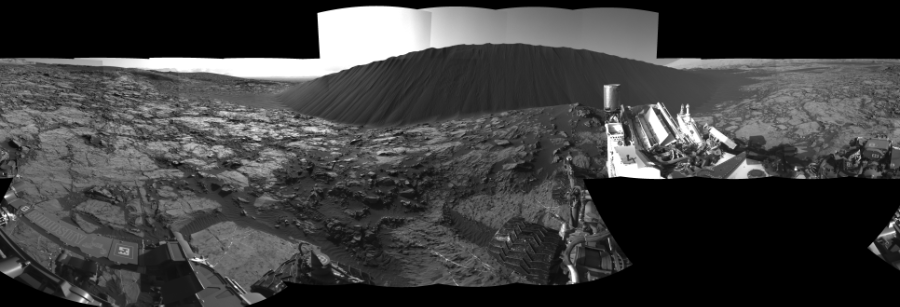 NASA's Mars rover Curiosity took 23 images in Gale Crater using its mast-mounted Left Navigation Camera (Navcam) to create this mosaic. The seam-corrected mosaic provides a 360-degree cylindrical-perspective projection panorama of the Martian surface suitable for stereo viewing, centered at 125 degrees azimuth (measured clockwise from north). This single-eye view must be combined with the partner right image to be viewed in stereo. Curiosity took the images on December 18, 2015, Sol 1196 of the Mars Science Laboratory mission at drive 0, site number 52. The local mean solar time for the image exposures was 4 PM. Each Navcam image has a 45-degree field of view. CREDIT: NASA/JPL-Caltech
