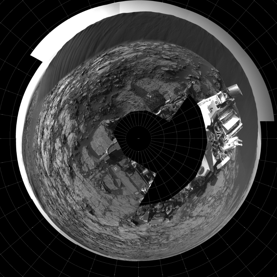 NASA's Mars rover Curiosity took 23 images in Gale Crater using its mast-mounted Left Navigation Camera (Navcam) to create this mosaic. The seam-corrected mosaic provides a polar stereographic projection panorama of the Martian surface with 0 degrees azimuth (measured clockwise from north) at the top of the image. Curiosity took the images on December 18, 2015, Sol 1196 of the Mars Science Laboratory mission at drive 0, site number 52. The local mean solar time for the image exposures was 4 PM. Each Navcam image has a 45-degree field of view. CREDIT: NASA/JPL-Caltech