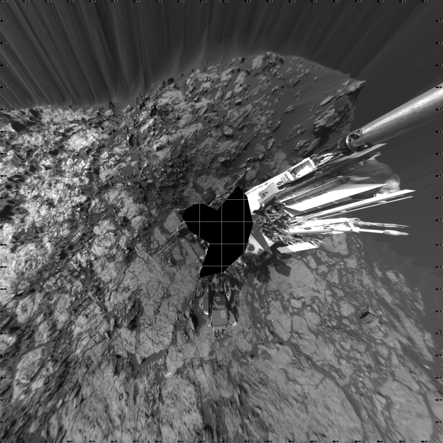 NASA's Mars rover Curiosity took 23 images in Gale Crater using its mast-mounted Left Navigation Camera (Navcam) to create this mosaic. The seam-corrected mosaic provides a vertical projection of the Martian surface near the rover, covering an area of 20 meters (north/south) by 20 meters (east/west). North is up in the image. This projection provides an overhead view, but introduces distortion for items not on the surface, such as large rocks and the rover itself.  Curiosity took the images on December 18, 2015, Sol 1196 of the Mars Science Laboratory mission at drive 0, site number 52. The local mean solar time for the image exposures was 4 PM. Each Navcam image has a 45-degree field of view. CREDIT: NASA/JPL-Caltech
