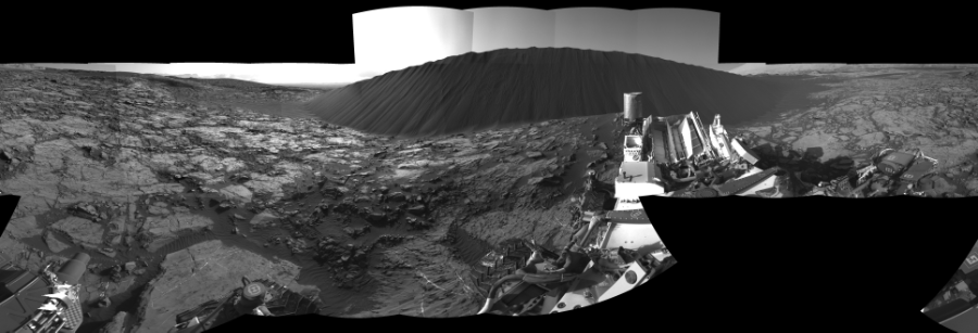 NASA's Mars rover Curiosity took 23 images in Gale Crater using its mast-mounted Right Navigation Camera (Navcam) to create this mosaic. The seam-corrected mosaic provides a 0-degree cylindrical-perspective projection panorama of the Martian surface suitable for stereo viewing, centered at 302 degrees azimuth (measured clockwise from north). This single-eye view must be combined with the partner left image to be viewed in stereo. Curiosity took the images on December 18, 2015, Sol 1196 of the Mars Science Laboratory mission at drive 0, site number 52. The local mean solar time for the image exposures was 4 PM. Each Navcam image has a 45-degree field of view. CREDIT: NASA/JPL-Caltech