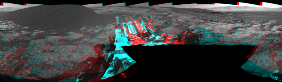 NASA's Mars rover Curiosity took 17 image pairs in Gale Crater using its mast-mounted Navigation Camera (Navcam) to create this mosaic. The seam-corrected mosaic provides a 360-degree cylindrical perspective projection panorama of the Martian surface suitable for stereo viewing, centered at 209 degrees azimuth (measured clockwise from north). This anaglyph must be viewed with red/blue glasses (red over left eye).  Curiosity took the images on January 07, 2016, Sol 1215 of the Mars Science Laboratory mission at drive 614, site number 52. The local mean solar time for the image exposures was 2 PM. Each Navcam image has a 45-degree field of view. CREDIT: NASA/JPL-Caltech