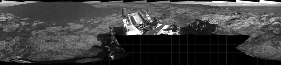 NASA's Mars rover Curiosity took 17 images in Gale Crater using its mast-mounted Left Navigation Camera (Navcam) to create this mosaic. The seam-corrected mosaic provides a 360-degree cylindrical projection panorama of the Martian surface centered at 180 degrees azimuth (measured clockwise from north). Curiosity took the images on January 07, 2016, Sol 1215 of the Mars Science Laboratory mission at drive 614, site number 52. The local mean solar time for the image exposures was 2 PM. Each Navcam image has a 45 degree field of view. CREDIT: NASA/JPL-Caltech