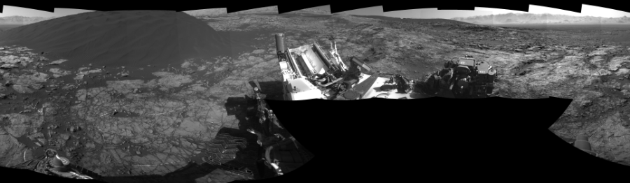 NASA's Mars rover Curiosity took 17 images in Gale Crater using its mast-mounted Left Navigation Camera (Navcam) to create this mosaic. The seam-corrected mosaic provides a 360-degree cylindrical-perspective projection panorama of the Martian surface suitable for stereo viewing, centered at 209 degrees azimuth (measured clockwise from north). This single-eye view must be combined with the partner right image to be viewed in stereo.  Curiosity took the images on January 07, 2016, Sol 1215 of the Mars Science Laboratory mission at drive 614, site number 52. The local mean solar time for the image exposures was 2 PM. Each Navcam image has a 45-degree field of view. CREDIT: NASA/JPL-Caltech
