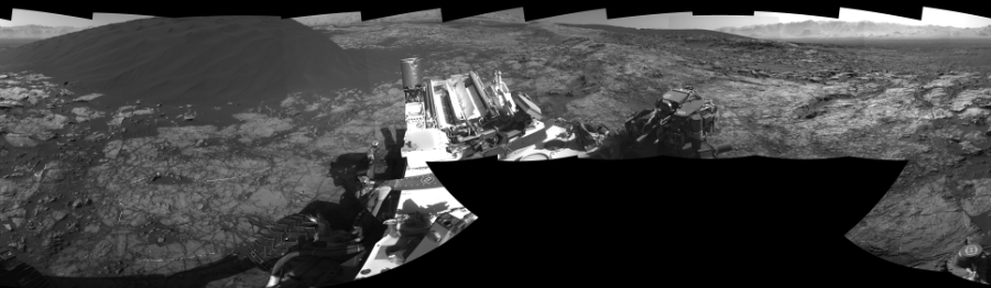 NASA's Mars rover Curiosity took 17 images in Gale Crater using its mast-mounted Right Navigation Camera (Navcam) to create this mosaic. The seam-corrected mosaic provides a 0-degree cylindrical-perspective projection panorama of the Martian surface suitable for stereo viewing, centered at 27 degrees azimuth (measured clockwise from north). This single-eye view must be combined with the partner left image to be viewed in stereo.  Curiosity took the images on January 07, 2016, Sol 1215 of the Mars Science Laboratory mission at drive 614, site number 52. The local mean solar time for the image exposures was 2 PM. Each Navcam image has a 45-degree field of view. CREDIT: NASA/JPL-Caltech