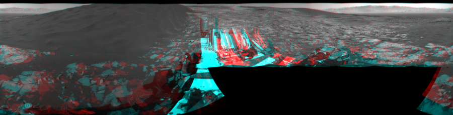 NASA's Mars rover Curiosity took 21 image pairs in Gale Crater using its mast-mounted Navigation Camera (Navcam) to create this mosaic. The seam-corrected mosaic provides a 360-degree cylindrical perspective projection panorama of the Martian surface suitable for stereo viewing, centered at 194 degrees azimuth (measured clockwise from north). This anaglyph must be viewed with red/blue glasses (red over left eye).  Curiosity took the images on January 08, 2016, Sol 1216 of the Mars Science Laboratory mission at drive 936, site number 52. The local mean solar time for the image exposures was 2 PM. Each Navcam image has a 45-degree field of view. CREDIT: NASA/JPL-Caltech