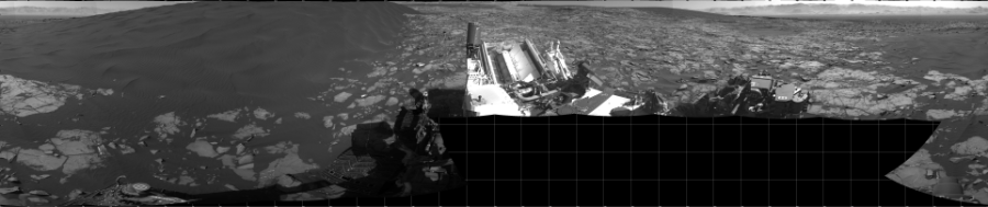 NASA's Mars rover Curiosity took 21 images in Gale Crater using its mast-mounted Left Navigation Camera (Navcam) to create this mosaic. The seam-corrected mosaic provides a 360-degree cylindrical projection panorama of the Martian surface centered at 180 degrees azimuth (measured clockwise from north). Curiosity took the images on January 08, 2016, Sol 1216 of the Mars Science Laboratory mission at drive 936, site number 52. The local mean solar time for the image exposures was 2 PM. Each Navcam image has a 45 degree field of view. CREDIT: NASA/JPL-Caltech