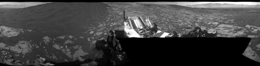 NASA's Mars rover Curiosity took 21 images in Gale Crater using its mast-mounted Left Navigation Camera (Navcam) to create this mosaic. The seam-corrected mosaic provides a 360-degree cylindrical-perspective projection panorama of the Martian surface suitable for stereo viewing, centered at 194 degrees azimuth (measured clockwise from north). This single-eye view must be combined with the partner right image to be viewed in stereo.  Curiosity took the images on January 08, 2016, Sol 1216 of the Mars Science Laboratory mission at drive 936, site number 52. The local mean solar time for the image exposures was 2 PM. Each Navcam image has a 45-degree field of view. CREDIT: NASA/JPL-Caltech