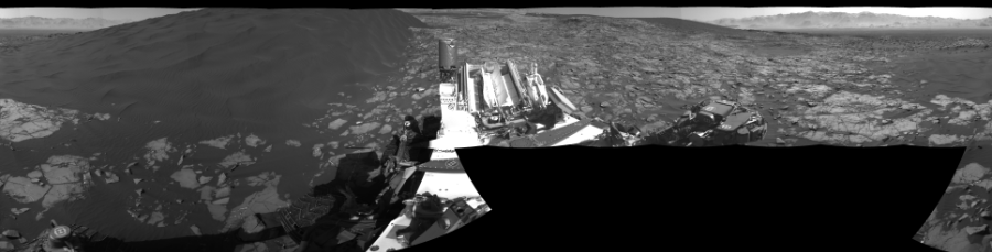NASA's Mars rover Curiosity took 21 images in Gale Crater using its mast-mounted Right Navigation Camera (Navcam) to create this mosaic. The seam-corrected mosaic provides a 360-degree cylindrical-perspective projection panorama of the Martian surface suitable for stereo viewing, centered at 192 degrees azimuth (measured clockwise from north). This single-eye view must be combined with the partner left image to be viewed in stereo.  Curiosity took the images on January 08, 2016, Sol 1216 of the Mars Science Laboratory mission at drive 936, site number 52. The local mean solar time for the image exposures was 2 PM. Each Navcam image has a 45-degree field of view. CREDIT: NASA/JPL-Caltech