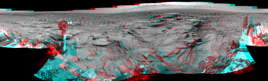 NASA's Mars rover Curiosity took 20 image pairs in Gale Crater using its mast-mounted Navigation Camera (Navcam) to create this mosaic. The seam-corrected mosaic provides a 360-degree cylindrical perspective projection panorama of the Martian surface suitable for stereo viewing, centered at 33 degrees azimuth (measured clockwise from north). This anaglyph must be viewed with red/blue glasses (red over left eye). Curiosity took the images on March 26, 2016, Sol 1292 of the Mars Science Laboratory mission at drive 2406, site number 53. The local mean solar time for the image exposures was 1 PM. Each Navcam image has a 45-degree field of view. CREDIT: NASA/JPL-Caltech