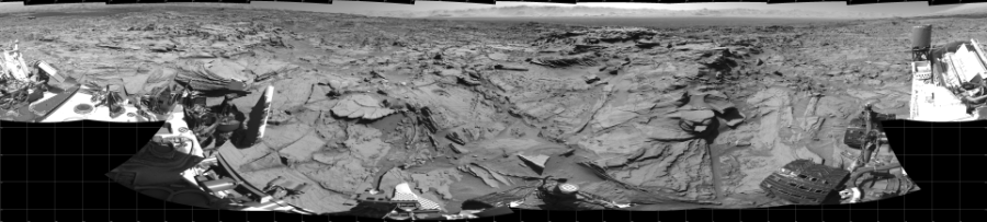 NASA's Mars rover Curiosity took 20 images in Gale Crater using its mast-mounted Left Navigation Camera (Navcam) to create this mosaic. The seam-corrected mosaic provides a 360-degree cylindrical projection panorama of the Martian surface centered at 280 degrees azimuth (measured clockwise from north). Curiosity took the images on March 26, 2016, Sol 1292 of the Mars Science Laboratory mission at drive 2406, site number 53. The local mean solar time for the image exposures was 1 PM. Each Navcam image has a 45 degree field of view. CREDIT: NASA/JPL-Caltech