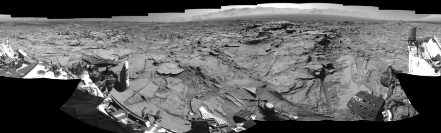 NASA's Mars rover Curiosity took 20 images in Gale Crater using its mast-mounted Left Navigation Camera (Navcam) to create this mosaic. The seam-corrected mosaic provides a 360-degree cylindrical-perspective projection panorama of the Martian surface suitable for stereo viewing, centered at 33 degrees azimuth (measured clockwise from north). This single-eye view must be combined with the partner right image to be viewed in stereo.  Curiosity took the images on March 26, 2016, Sol 1292 of the Mars Science Laboratory mission at drive 2406, site number 53. The local mean solar time for the image exposures was 1 PM. Each Navcam image has a 45-degree field of view. CREDIT: NASA/JPL-Caltech