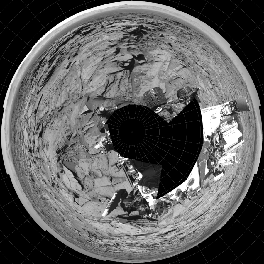 NASA's Mars rover Curiosity took 20 images in Gale Crater using its mast-mounted Left Navigation Camera (Navcam) to create this mosaic. The seam-corrected mosaic provides a polar stereographic projection panorama of the Martian surface with 0 degrees azimuth (measured clockwise from north) at the top of the image. Curiosity took the images on March 26, 2016, Sol 1292 of the Mars Science Laboratory mission at drive 2406, site number 53. The local mean solar time for the image exposures was 1 PM. Each Navcam image has a 45-degree field of view. CREDIT: NASA/JPL-Caltech