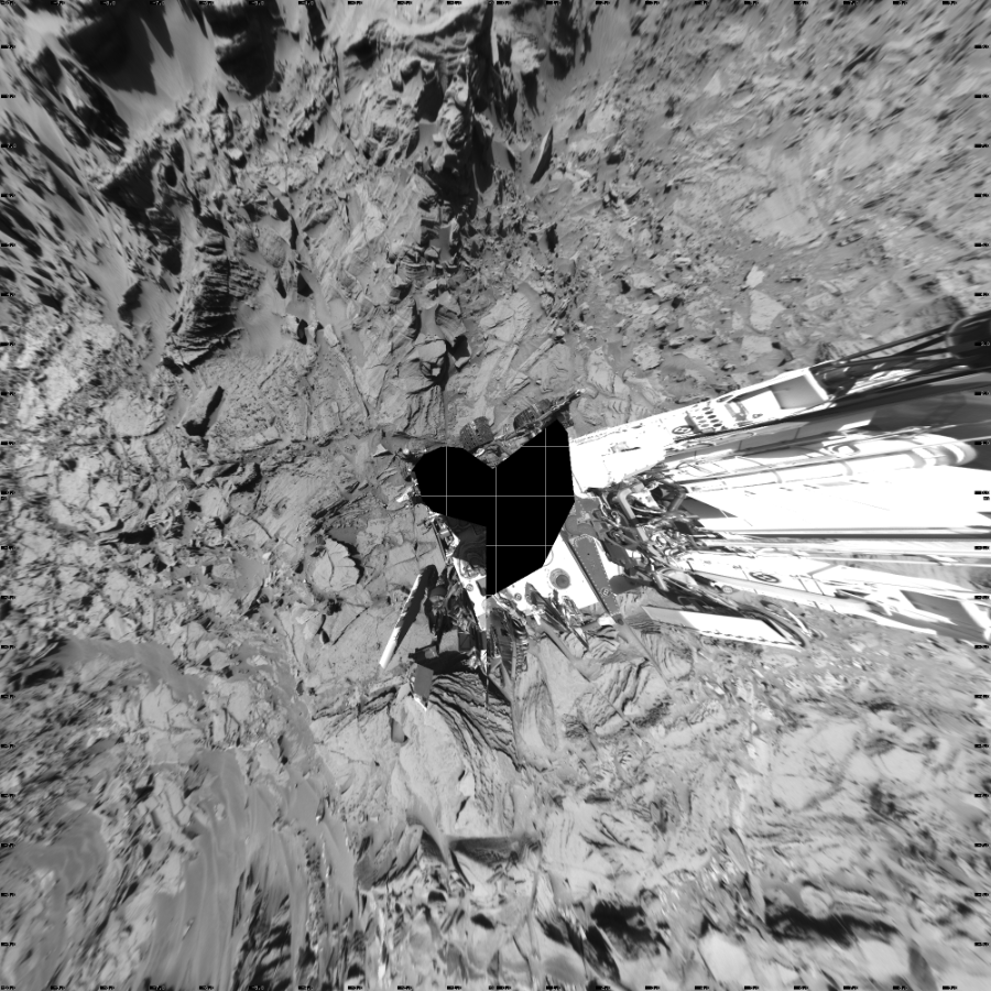 NASA's Mars rover Curiosity took 20 images in Gale Crater using its mast-mounted Left Navigation Camera (Navcam) to create this mosaic. The seam-corrected mosaic provides a vertical projection of the Martian surface near the rover, covering an area of 20 meters (north/south) by 20 meters (east/west). North is up in the image. This projection provides an overhead view, but introduces distortion for items not on the surface, such as large rocks and the rover itself.  Curiosity took the images on March 26, 2016, Sol 1292 of the Mars Science Laboratory mission at drive 2406, site number 53. The local mean solar time for the image exposures was 1 PM. Each Navcam image has a 45-degree field of view. CREDIT: NASA/JPL-Caltech