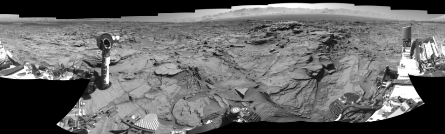 NASA's Mars rover Curiosity took 20 images in Gale Crater using its mast-mounted Right Navigation Camera (Navcam) to create this mosaic. The seam-corrected mosaic provides a 360-degree cylindrical-perspective projection panorama of the Martian surface suitable for stereo viewing, centered at 26 degrees azimuth (measured clockwise from north). This single-eye view must be combined with the partner left image to be viewed in stereo.  Curiosity took the images on March 26, 2016, Sol 1292 of the Mars Science Laboratory mission at drive 2406, site number 53. The local mean solar time for the image exposures was 1 PM. Each Navcam image has a 45-degree field of view. CREDIT: NASA/JPL-Caltech