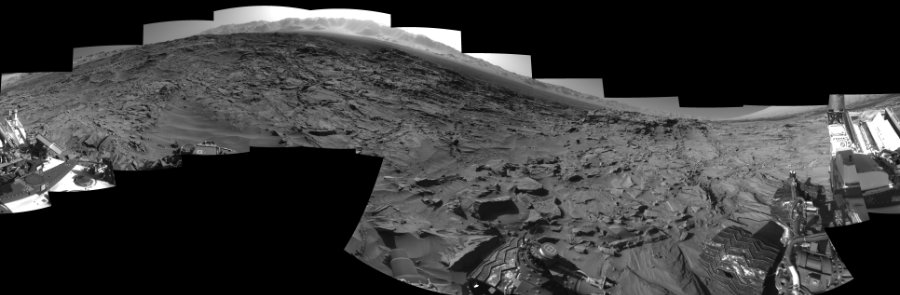 NASA's Mars rover Curiosity took 17 images in Gale Crater using its mast-mounted Left Navigation Camera (Navcam) to create this mosaic. The seam-corrected mosaic provides a 360-degree cylindrical-perspective projection panorama of the Martian surface suitable for stereo viewing, centered at 34 degrees azimuth (measured clockwise from north). This single-eye view must be combined with the partner right image to be viewed in stereo.  Curiosity took the images on March 30, 2016, Sol 1296 of the Mars Science Laboratory mission at drive 2644, site number 53. The local mean solar time for the image exposures was 4 PM. Each Navcam image has a 45-degree field of view. CREDIT: NASA/JPL-Caltech