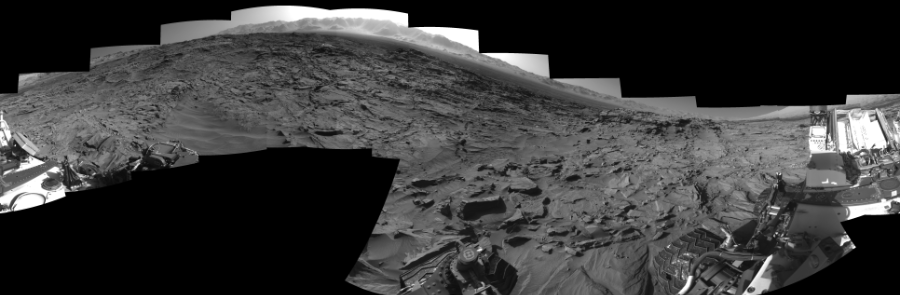 NASA's Mars rover Curiosity took 17 images in Gale Crater using its mast-mounted Right Navigation Camera (Navcam) to create this mosaic. The seam-corrected mosaic provides a 360-degree cylindrical-perspective projection panorama of the Martian surface suitable for stereo viewing, centered at 27 degrees azimuth (measured clockwise from north). This single-eye view must be combined with the partner left image to be viewed in stereo.  Curiosity took the images on March 30, 2016, Sol 1296 of the Mars Science Laboratory mission at drive 2644, site number 53. The local mean solar time for the image exposures was 4 PM. Each Navcam image has a 45-degree field of view. CREDIT: NASA/JPL-Caltech