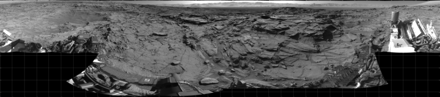 NASA's Mars rover Curiosity took 19 images in Gale Crater using its mast-mounted Left Navigation Camera (Navcam) to create this mosaic. The seam-corrected mosaic provides a 360-degree cylindrical projection panorama of the Martian surface centered at 280 degrees azimuth (measured clockwise from north). Curiosity took the images on April 01, 2016, Sol 1298 of the Mars Science Laboratory mission at drive 2980, site number 53. The local mean solar time for the image exposures was 3 PM. Each Navcam image has a 45 degree field of view. CREDIT: NASA/JPL-Caltech