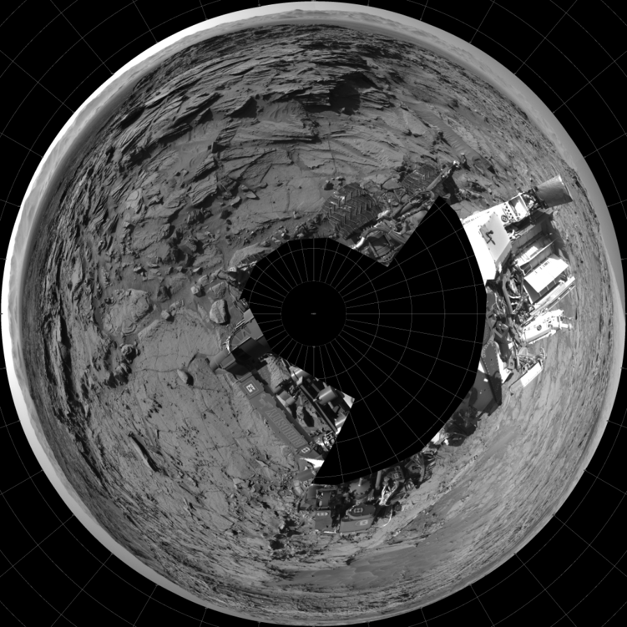 NASA's Mars rover Curiosity took 19 images in Gale Crater using its mast-mounted Left Navigation Camera (Navcam) to create this mosaic. The seam-corrected mosaic provides a polar stereographic projection panorama of the Martian surface with 0 degrees azimuth (measured clockwise from north) at the top of the image. Curiosity took the images on April 01, 2016, Sol 1298 of the Mars Science Laboratory mission at drive 2980, site number 53. The local mean solar time for the image exposures was 3 PM. Each Navcam image has a 45-degree field of view. CREDIT: NASA/JPL-Caltech