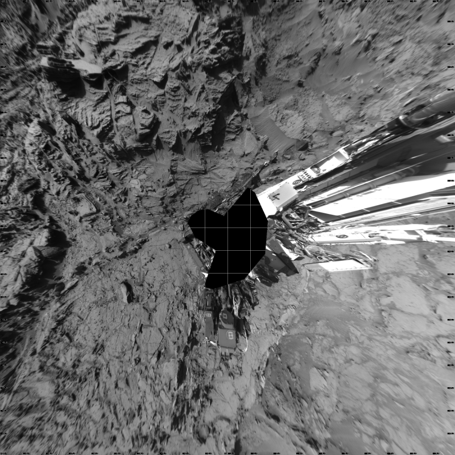 NASA's Mars rover Curiosity took 19 images in Gale Crater using its mast-mounted Left Navigation Camera (Navcam) to create this mosaic. The seam-corrected mosaic provides a vertical projection of the Martian surface near the rover, covering an area of 20 meters (north/south) by 20 meters (east/west). North is up in the image. This projection provides an overhead view, but introduces distortion for items not on the surface, such as large rocks and the rover itself.  Curiosity took the images on April 01, 2016, Sol 1298 of the Mars Science Laboratory mission at drive 2980, site number 53. The local mean solar time for the image exposures was 3 PM. Each Navcam image has a 45-degree field of view. CREDIT: NASA/JPL-Caltech