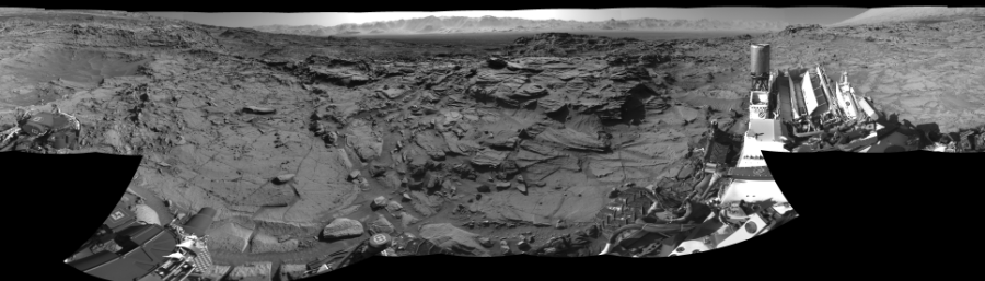 NASA's Mars rover Curiosity took 19 images in Gale Crater using its mast-mounted Right Navigation Camera (Navcam) to create this mosaic. The seam-corrected mosaic provides a 0-degree cylindrical-perspective projection panorama of the Martian surface suitable for stereo viewing, centered at 258 degrees azimuth (measured clockwise from north). This single-eye view must be combined with the partner left image to be viewed in stereo.  Curiosity took the images on April 01, 2016, Sol 1298 of the Mars Science Laboratory mission at drive 2980, site number 53. The local mean solar time for the image exposures was 3 PM. Each Navcam image has a 45-degree field of view. CREDIT: NASA/JPL-Caltech
