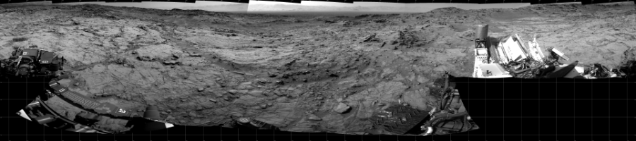 NASA's Mars rover Curiosity took 18 images in Gale Crater using its mast-mounted Left Navigation Camera (Navcam) to create this mosaic. The seam-corrected mosaic provides a 360-degree cylindrical projection panorama of the Martian surface centered at 335 degrees azimuth (measured clockwise from north). Curiosity took the images on May 27, 2016, Sol 1353 of the Mars Science Laboratory mission at drive 2202, site number 54. The local mean solar time for the image exposures was from 1 PM to 2 PM. Each Navcam image has a 45 degree field of view. CREDIT: NASA/JPL-Caltech