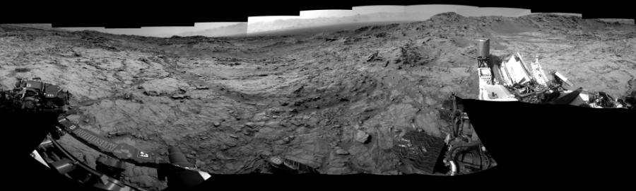 NASA's Mars rover Curiosity took 18 images in Gale Crater using its mast-mounted Left Navigation Camera (Navcam) to create this mosaic. The seam-corrected mosaic provides a 360-degree cylindrical-perspective projection panorama of the Martian surface suitable for stereo viewing, centered at 95 degrees azimuth (measured clockwise from north). This single-eye view must be combined with the partner right image to be viewed in stereo.  Curiosity took the images on May 27, 2016, Sol 1353 of the Mars Science Laboratory mission at drive 2202, site number 54. The local mean solar time for the image exposures was from 1 PM to 2 PM. Each Navcam image has a 45-degree field of view. CREDIT: NASA/JPL-Caltech