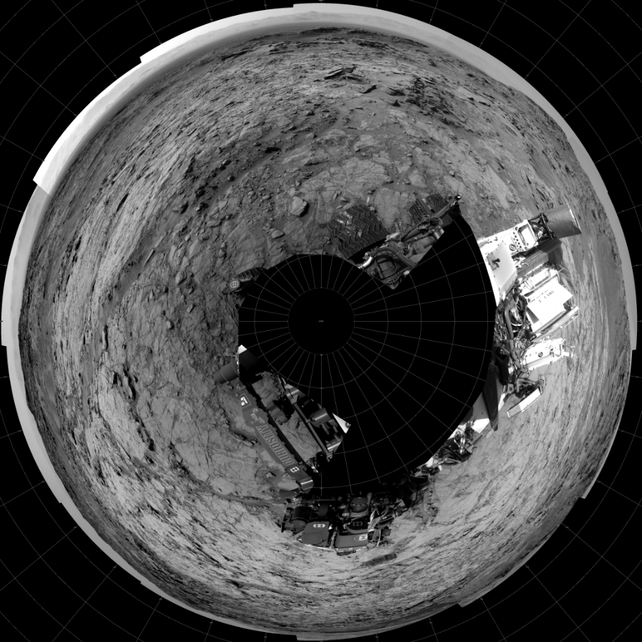 NASA's Mars rover Curiosity took 18 images in Gale Crater using its mast-mounted Left Navigation Camera (Navcam) to create this mosaic. The seam-corrected mosaic provides a polar stereographic projection panorama of the Martian surface with 0 degrees azimuth (measured clockwise from north) at the top of the image. Curiosity took the images on May 27, 2016, Sol 1353 of the Mars Science Laboratory mission at drive 2202, site number 54. The local mean solar time for the image exposures was from 1 PM to 2 PM. Each Navcam image has a 45-degree field of view. CREDIT: NASA/JPL-Caltech