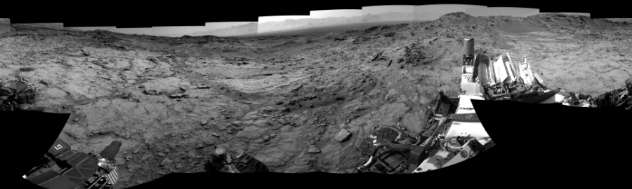 NASA's Mars rover Curiosity took 18 images in Gale Crater using its mast-mounted Right Navigation Camera (Navcam) to create this mosaic. The seam-corrected mosaic provides a 0-degree cylindrical-perspective projection panorama of the Martian surface suitable for stereo viewing, centered at 268 degrees azimuth (measured clockwise from north). This single-eye view must be combined with the partner left image to be viewed in stereo. Curiosity took the images on May 27, 2016, Sol 1353 of the Mars Science Laboratory mission at drive 2202, site number 54. The local mean solar time for the image exposures was from 1 PM to 2 PM. Each Navcam image has a 45-degree field of view. CREDIT: NASA/JPL-Caltech