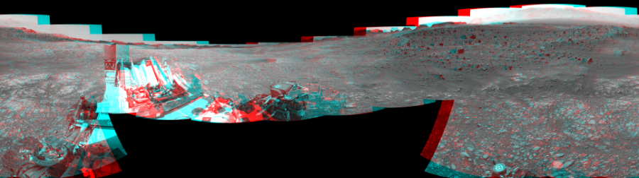 NASA's Mars rover Curiosity took 17 image pairs in Gale Crater using its mast-mounted Navigation Camera (Navcam) to create this mosaic. The seam-corrected mosaic provides a 360-degree cylindrical perspective projection panorama of the Martian surface suitable for stereo viewing, centered at 300 degrees azimuth (measured clockwise from north). This anaglyph must be viewed with red/blue glasses (red over left eye).  Curiosity took the images on July 14, 2016, Sol 1399 of the Mars Science Laboratory mission at drive 2098, site number 55. The local mean solar time for the image exposures was 2 PM. Each Navcam image has a 45-degree field of view. CREDIT: NASA/JPL-Caltech