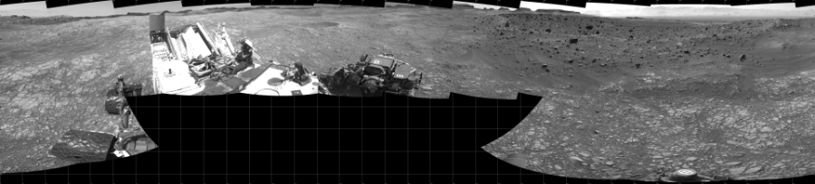 NASA's Mars rover Curiosity took 17 images in Gale Crater using its mast-mounted Left Navigation Camera (Navcam) to create this mosaic. The seam-corrected mosaic provides a 360-degree cylindrical projection panorama of the Martian surface centered at 180 degrees azimuth (measured clockwise from north). Curiosity took the images on July 14, 2016, Sol 1399 of the Mars Science Laboratory mission at drive 2098, site number 55. The local mean solar time for the image exposures was 2 PM. Each Navcam image has a 45 degree field of view. CREDIT: NASA/JPL-Caltech