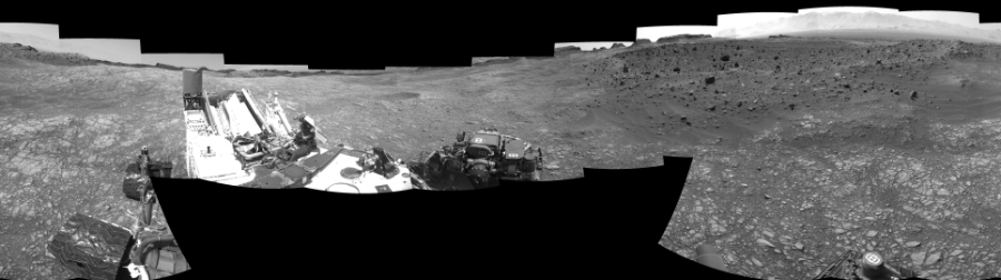 NASA's Mars rover Curiosity took 17 images in Gale Crater using its mast-mounted Left Navigation Camera (Navcam) to create this mosaic. The seam-corrected mosaic provides a 360-degree cylindrical-perspective projection panorama of the Martian surface suitable for stereo viewing, centered at 300 degrees azimuth (measured clockwise from north). This single-eye view must be combined with the partner right image to be viewed in stereo.  Curiosity took the images on July 14, 2016, Sol 1399 of the Mars Science Laboratory mission at drive 2098, site number 55. The local mean solar time for the image exposures was 2 PM. Each Navcam image has a 45-degree field of view. CREDIT: NASA/JPL-Caltech