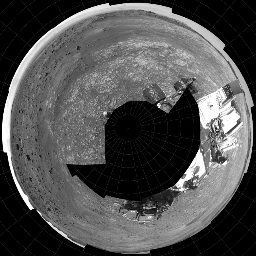 NASA's Mars rover Curiosity took 17 images in Gale Crater using its mast-mounted Left Navigation Camera (Navcam) to create this mosaic. The seam-corrected mosaic provides a polar stereographic projection panorama of the Martian surface with 0 degrees azimuth (measured clockwise from north) at the top of the image. Curiosity took the images on July 14, 2016, Sol 1399 of the Mars Science Laboratory mission at drive 2098, site number 55. The local mean solar time for the image exposures was 2 PM. Each Navcam image has a 45-degree field of view. CREDIT: NASA/JPL-Caltech