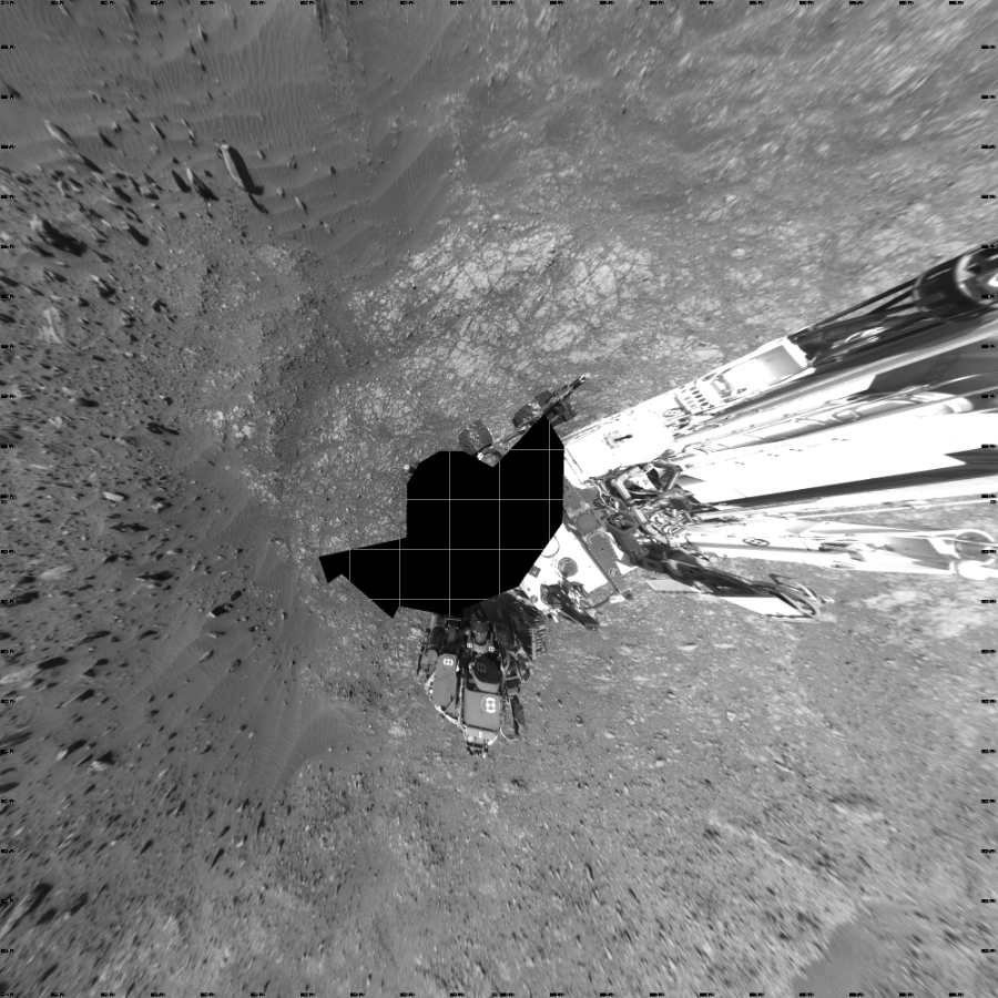 NASA's Mars rover Curiosity took 17 images in Gale Crater using its mast-mounted Left Navigation Camera (Navcam) to create this mosaic. The seam-corrected mosaic provides a vertical projection of the Martian surface near the rover, covering an area of 20 meters (north/south) by 20 meters (east/west). North is up in the image. This projection provides an overhead view, but introduces distortion for items not on the surface, such as large rocks and the rover itself.  Curiosity took the images on July 14, 2016, Sol 1399 of the Mars Science Laboratory mission at drive 2098, site number 55. The local mean solar time for the image exposures was 2 PM. Each Navcam image has a 45-degree field of view. CREDIT: NASA/JPL-Caltech