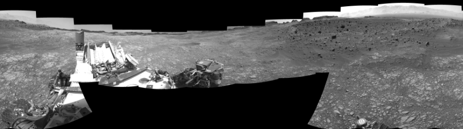 NASA's Mars rover Curiosity took 17 images in Gale Crater using its mast-mounted Right Navigation Camera (Navcam) to create this mosaic. The seam-corrected mosaic provides a 360-degree cylindrical-perspective projection panorama of the Martian surface suitable for stereo viewing, centered at 293 degrees azimuth (measured clockwise from north). This single-eye view must be combined with the partner left image to be viewed in stereo.  Curiosity took the images on July 14, 2016, Sol 1399 of the Mars Science Laboratory mission at drive 2098, site number 55. The local mean solar time for the image exposures was 2 PM. Each Navcam image has a 45-degree field of view. CREDIT: NASA/JPL-Caltech