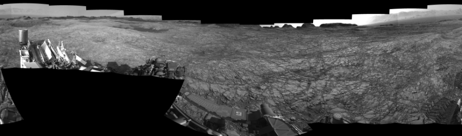 NASA's Mars rover Curiosity took 19 images in Gale Crater using its mast-mounted Left Navigation Camera (Navcam) to create this mosaic. The seam-corrected mosaic provides a 360-degree cylindrical-perspective projection panorama of the Martian surface suitable for stereo viewing, centered at 350 degrees azimuth (measured clockwise from north). This single-eye view must be combined with the partner right image to be viewed in stereo.  Curiosity took the images on July 25, 2016, Sol 1410 of the Mars Science Laboratory mission at drive 462, site number 56. The local mean solar time for the image exposures was 3 PM. Each Navcam image has a 45-degree field of view. CREDIT: NASA/JPL-Caltech