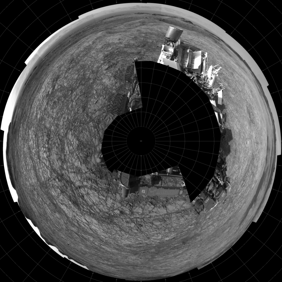 NASA's Mars rover Curiosity took 19 images in Gale Crater using its mast-mounted Left Navigation Camera (Navcam) to create this mosaic. The seam-corrected mosaic provides a polar stereographic projection panorama of the Martian surface with 0 degrees azimuth (measured clockwise from north) at the top of the image. Curiosity took the images on July 25, 2016, Sol 1410 of the Mars Science Laboratory mission at drive 462, site number 56. The local mean solar time for the image exposures was 3 PM. Each Navcam image has a 45-degree field of view. CREDIT: NASA/JPL-Caltech